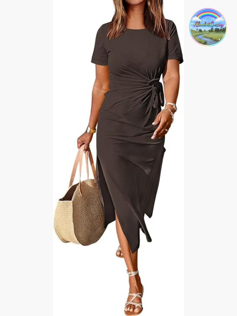 Slim Fit Maxi Tshirt Dress Crewneck Short Sleeve Tie Waist Slit Long Beach